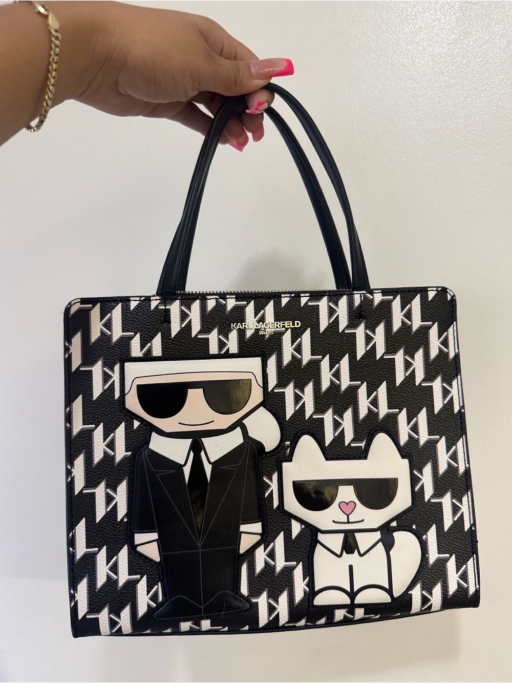 Karl Lagerfeld Black and White Graphic Character Tote